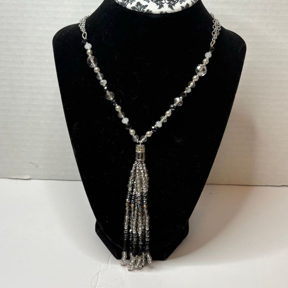 Talbots Women’s Grey Black Clear Beaded Tassel Necklace
